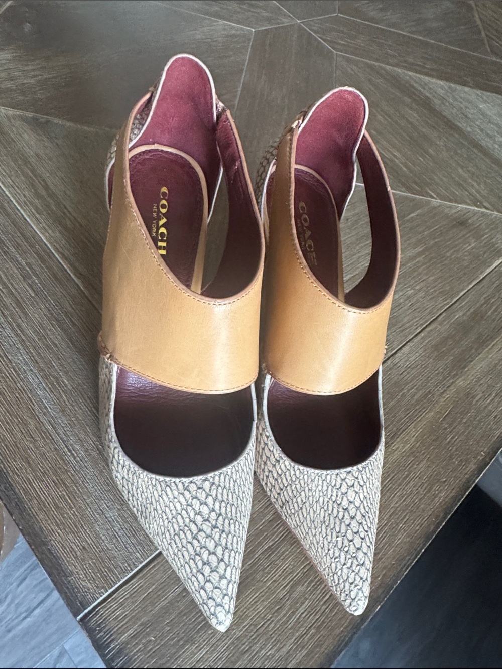 COACH Two-Tone Pointed Toe Slingback Pumps in Tan and Cream Snake-Embossed